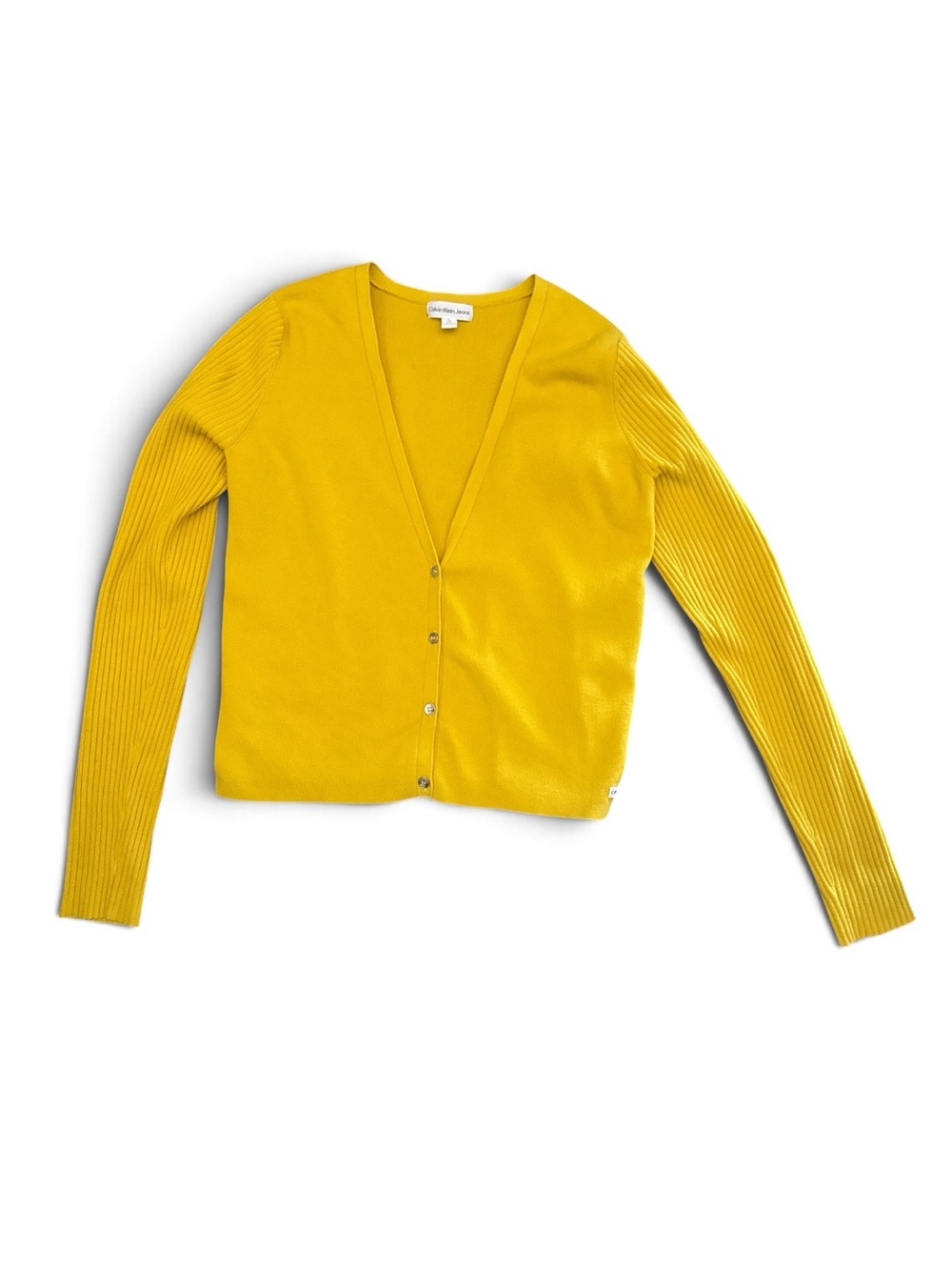 Calvin Klein Jeans Yellow V-Neck Button Cardigan Women’s Size Large Mustard